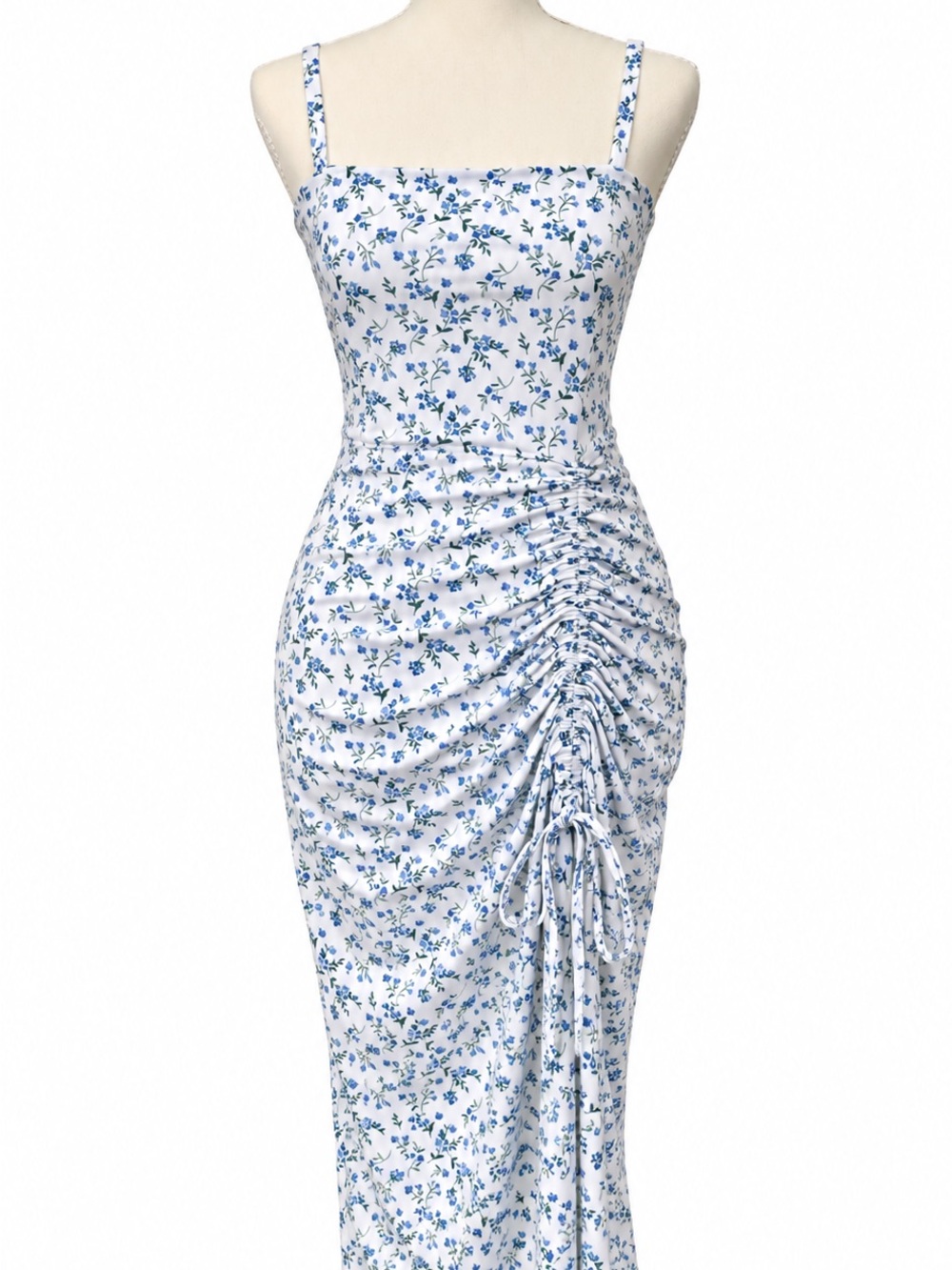 Hollister White Midi Dress with Blue Floral Print and Ruched Side